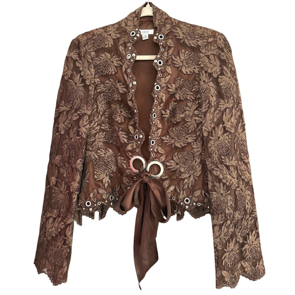 Vintage Caché Brown Floral Embroidered Lace Jacket Satin Tie Front